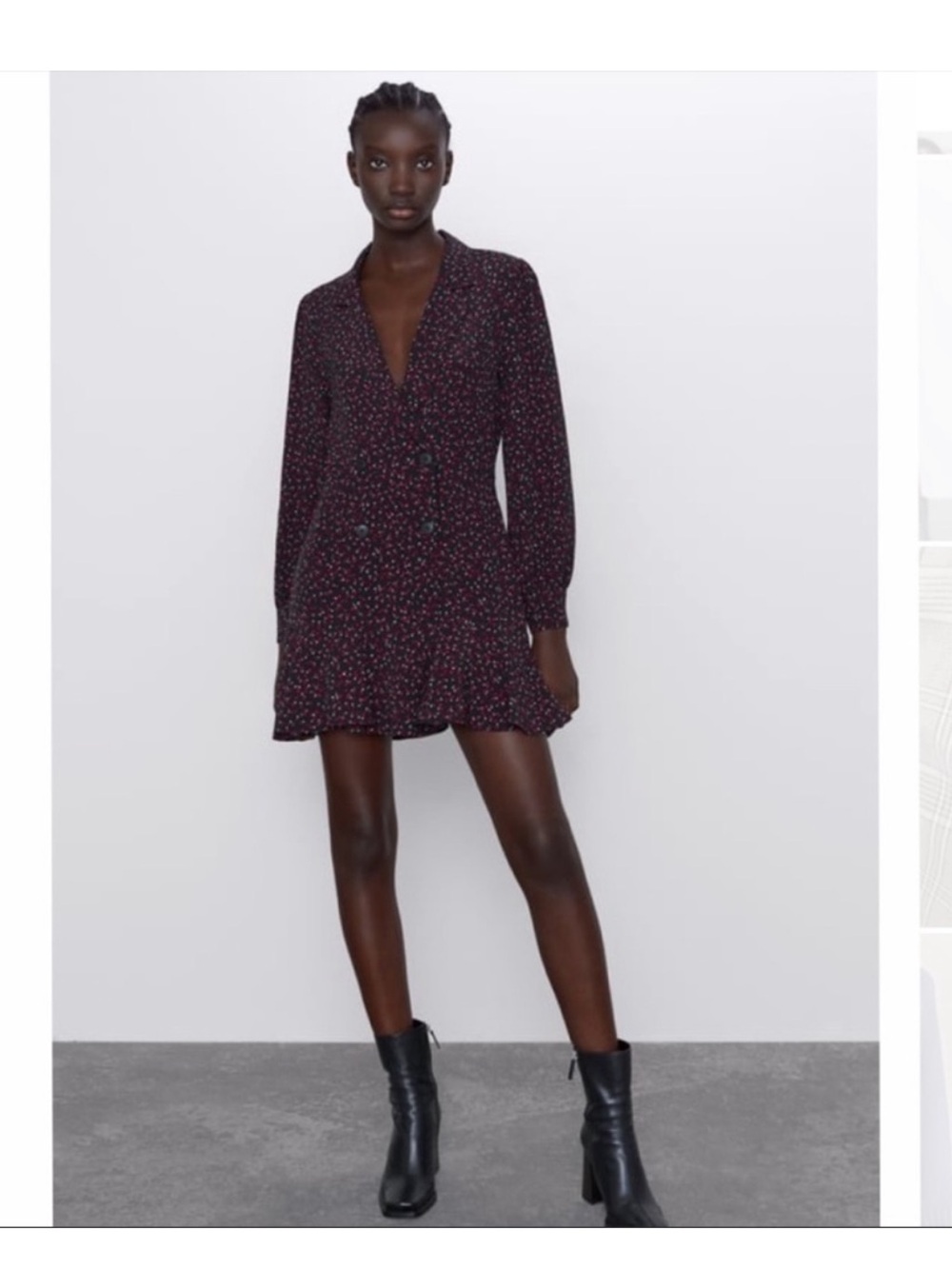 Zara Black Long-Sleeve Dress with Red Micro Floral Print